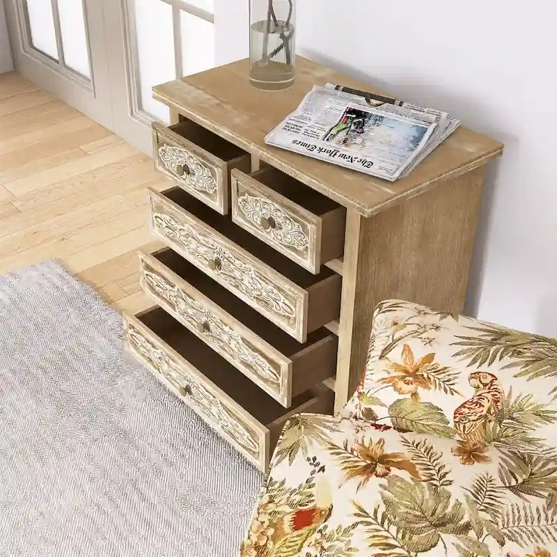 Hand-Carved Accent Cabinet with 5 Drawers