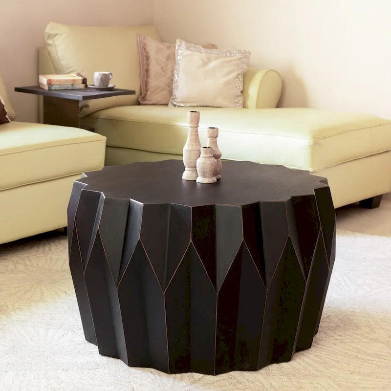 29" Black Solid Wood Round Distressed Coffee Table