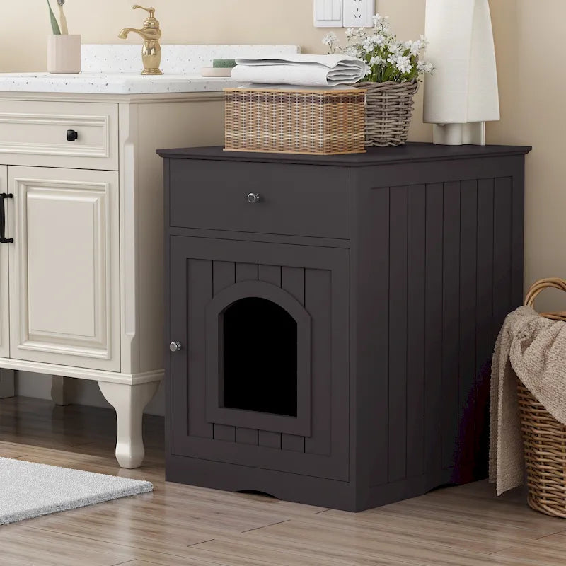 Cat Litter Box Enclosure with Drawer & Side Table (Brown)