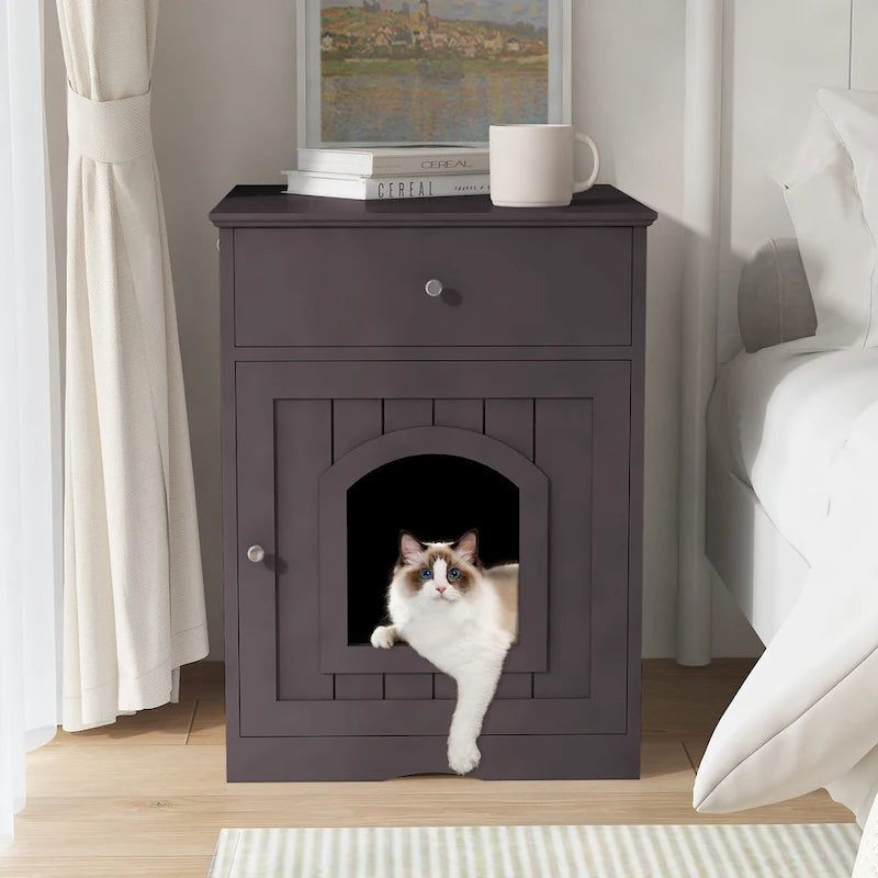 Cat Litter Box Enclosure with Drawer & Side Table (Brown)