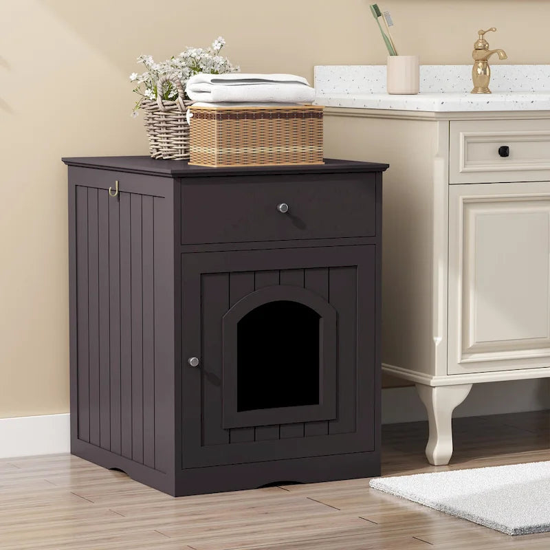 Cat Litter Box Enclosure with Drawer & Side Table (Brown)