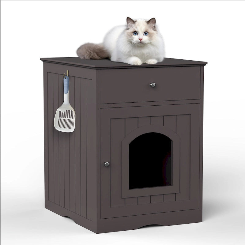 Cat Litter Box Enclosure with Drawer & Side Table (Brown)