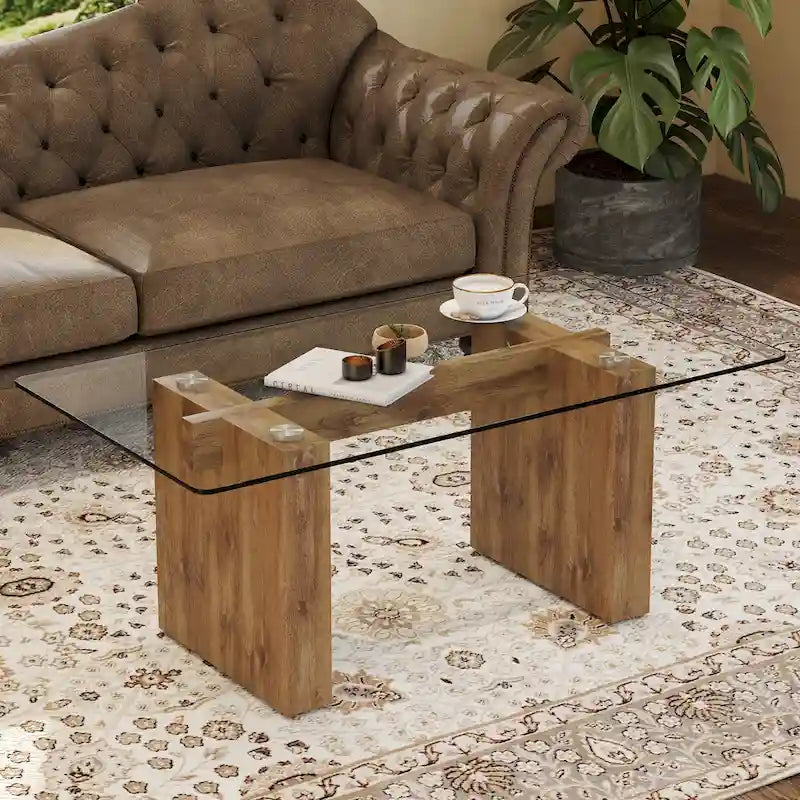 Modern Minimalist Tempered Glass Coffee & Dining Table with Decorative Columns