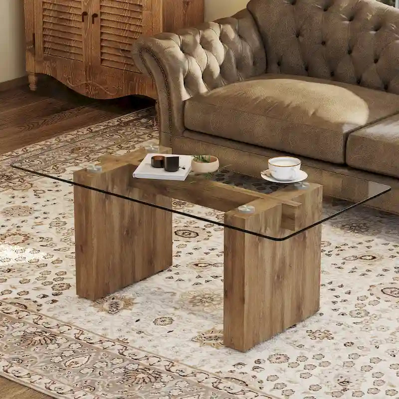 Modern Minimalist Tempered Glass Coffee & Dining Table with Decorative Columns