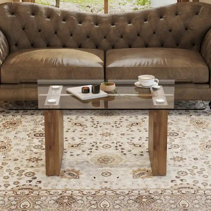 Modern Minimalist Tempered Glass Coffee & Dining Table with Decorative Columns
