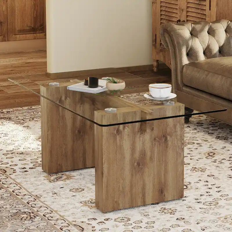 Modern Minimalist Tempered Glass Coffee & Dining Table with Decorative Columns