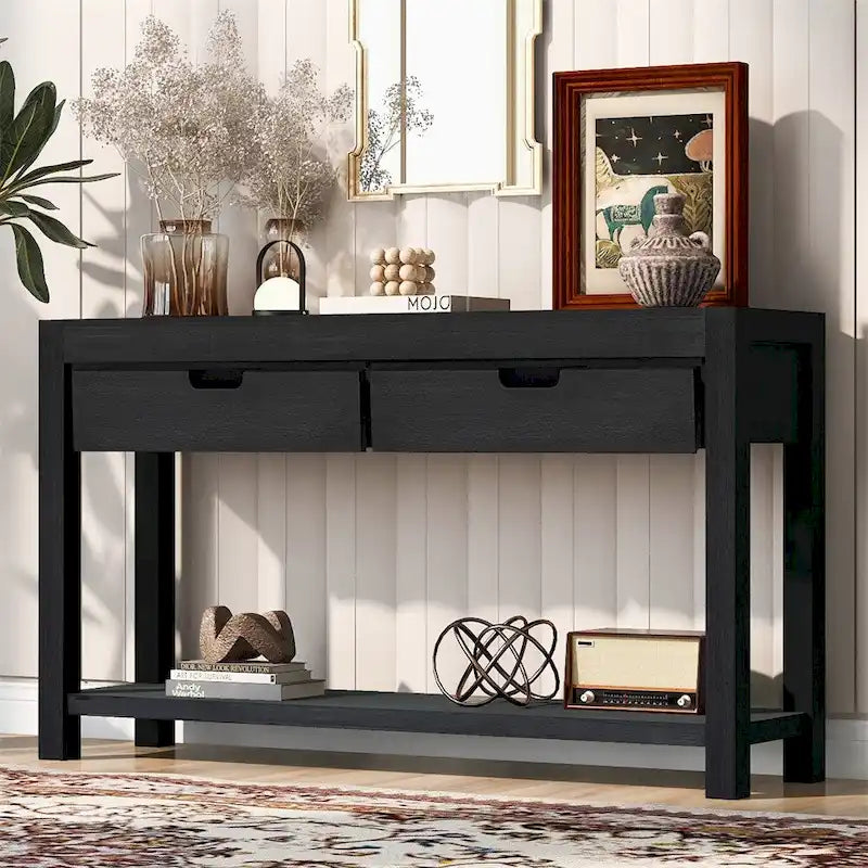 Wood Console Table with 2 Drawers and 1 Shelf for Hallway Living Room