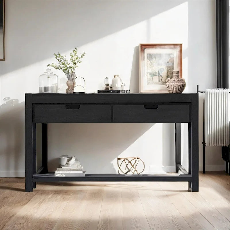 Wood Console Table with 2 Drawers and 1 Shelf for Hallway Living Room