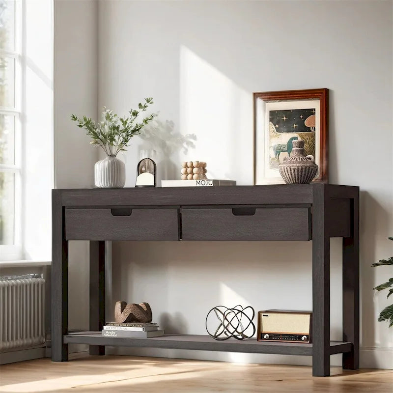 Wood Console Table with 2 Drawers and 1 Shelf for Hallway Living Room